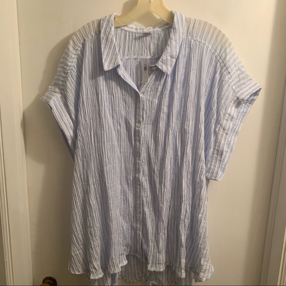 Old Navy Tops - Old Navy XXL Blue/White Striped Short Sleeved Smocked Button Down Blouse